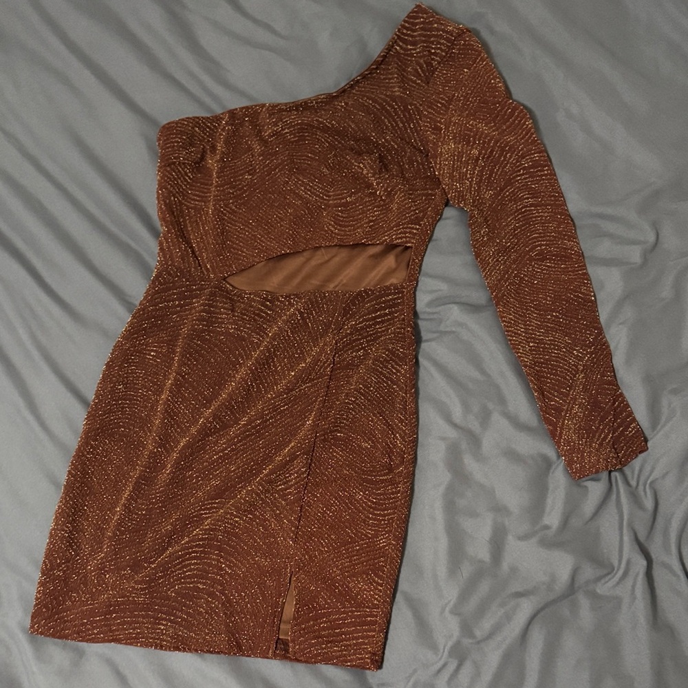 One-Shoulder Brown Copper Sparkle Mini Dress